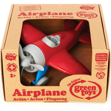 Airplane toy made in USA from 100% recycled plastic with spinning propeller and two-wheeled landing gear.