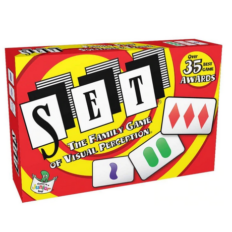 Set family game box with colorful cards showing shapes and numbers on a bright red and yellow background.