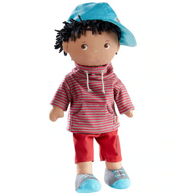 Soft Doll | William 12-inch doll wearing striped sweatshirt, red pants, blue cap, and sewn-on shoes with chenille hair.