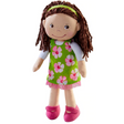 Coco Doll with embroidered face, brown hair, green floral dress, and pink shoes, soft and cuddly for toddlers.