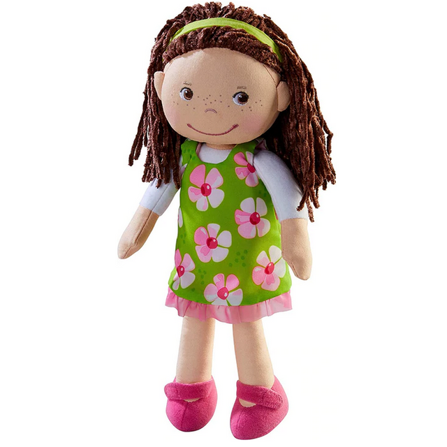 Coco Doll with embroidered face, brown hair, green floral dress, and pink shoes, soft and cuddly for toddlers.