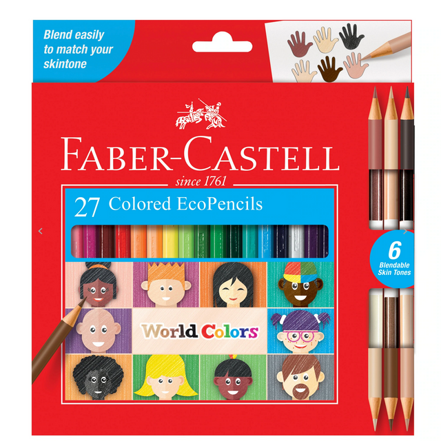 Faber-Castell World Colored Pencils with 27 blendable skin tones, eco-friendly wood, and diverse color shades for self-expression.