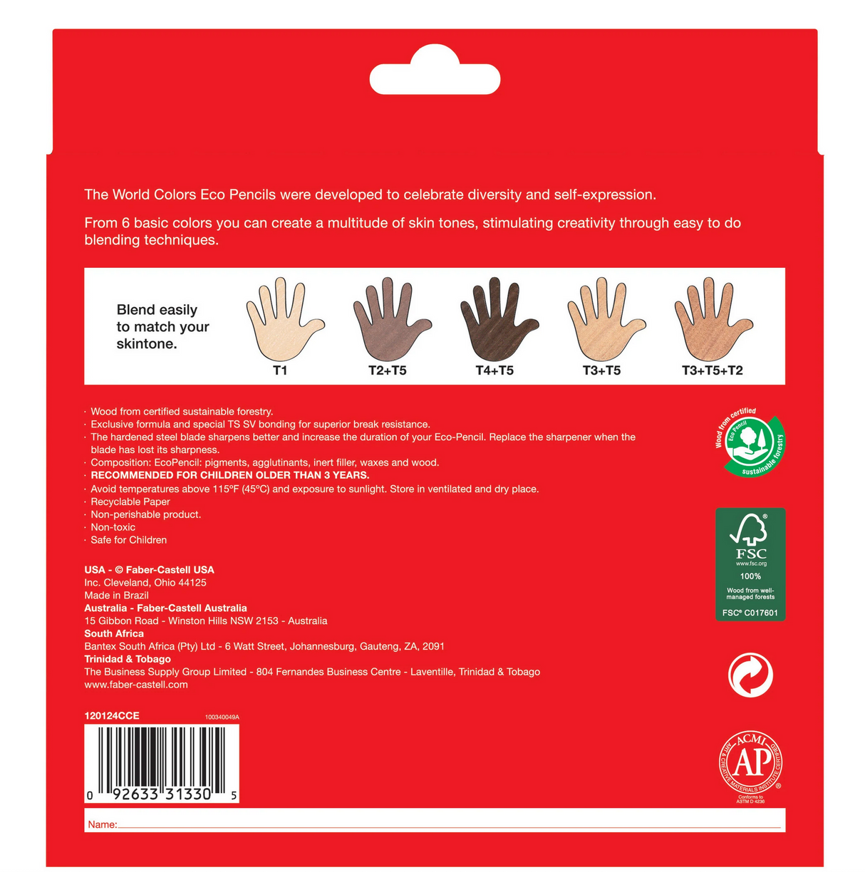 Back packaging of World Colored Pencils showing skin tone blends and eco-friendly certified sustainable forestry wood.