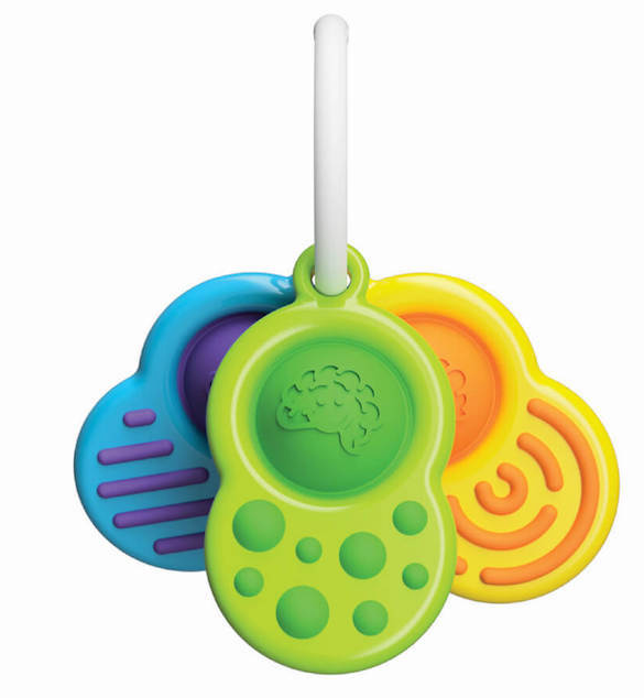 Dimpl Clutch with green, yellow, and blue silicone textures and dimpl bubbles on a white clip ring.