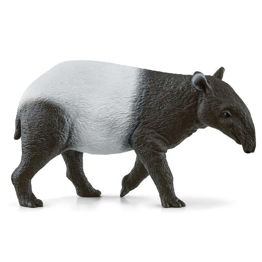 Tapir figurine showing detailed black and white body, small ears, and distinctive snout, perfect for playrooms and adventures.