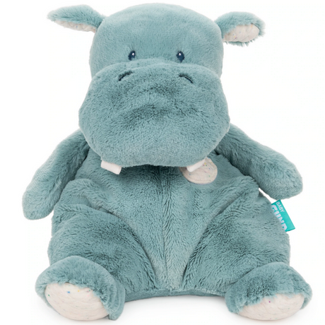 Oh So Snuggly Hippo plush in soft pastel blue with embroidered features and quilted ears and paws.