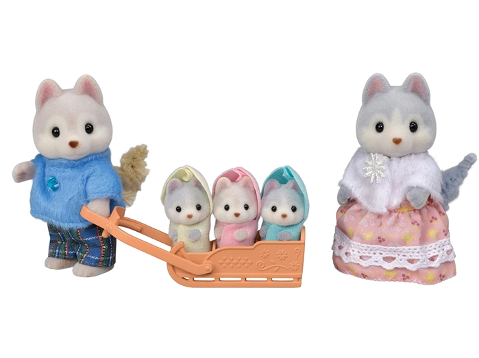 Calico Critters Husky Family with Vincent, Avril, and triplets in hooded outfits riding a sleigh toy set.