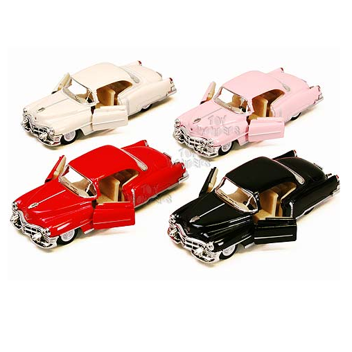 Four 1:43 scale Cadillac Series 62 Hardtop diecast model cars in assorted colors with opening doors displayed.