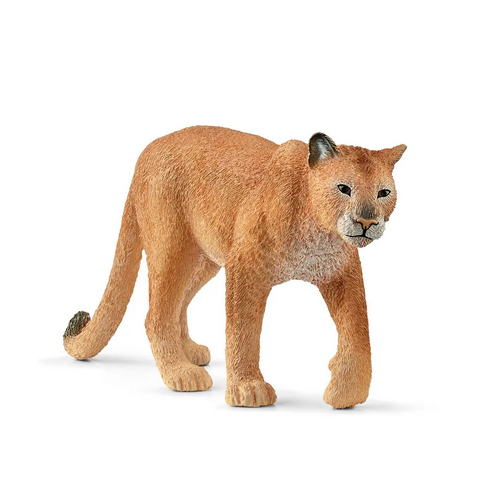 Cougar figurine showing a lifelike, slender wildcat in a walking pose with detailed fur and piercing gaze.
