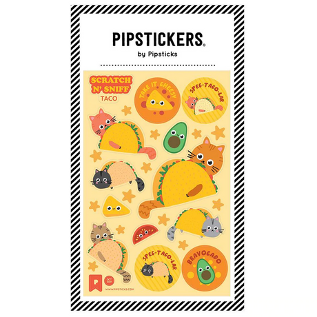 Take it Cheesy Scratch & Sniff Stickers sheet with cute cats, tacos, and avocados in fun, colorful designs.