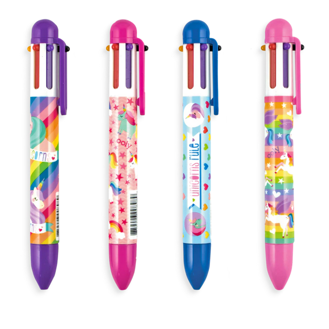 Set of 4 colorful 6-in-1 Unicorn Pen multi ink pens with retractable clicks for vibrant school notes and writing.