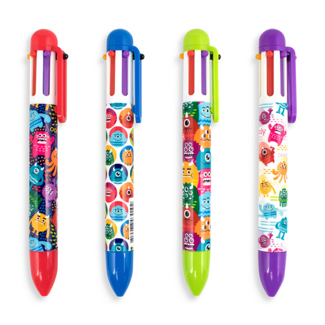 Four colorful 6-in-1 Monster Pens with retractable multi color ink and fun monster designs, perfect for school notes.