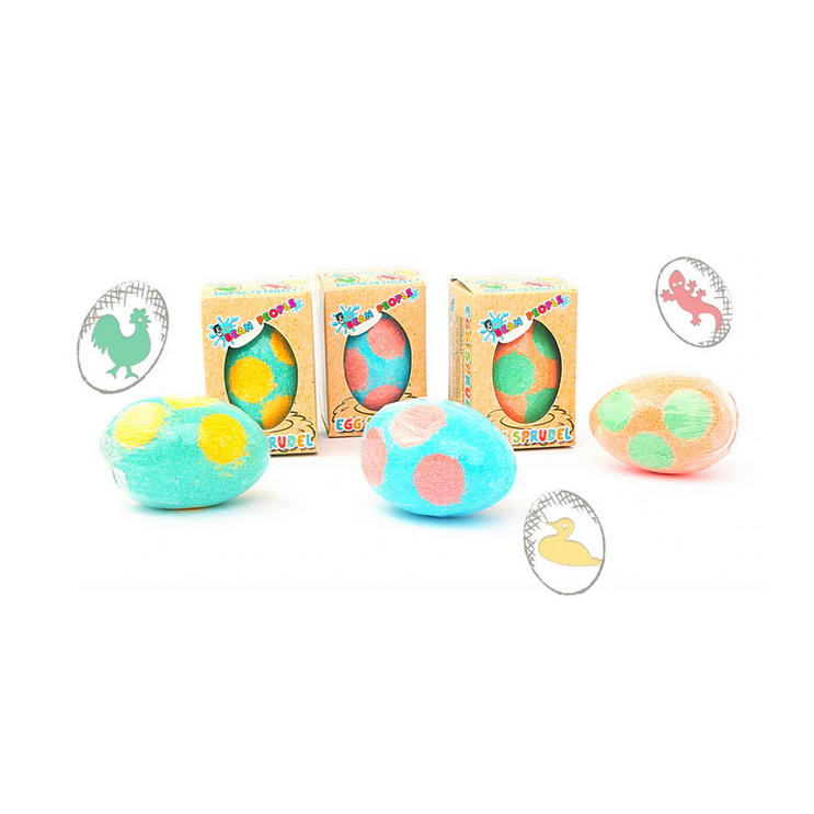 Bath Bomb Egg Sprudel colorful egg-shaped bath bombs with polka dots and fun animal surprises inside.
