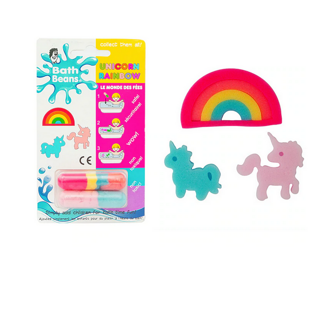 Bath Beans Unicorn Rainbow showing dissolvable capsules with unicorn and rainbow sponge toys for bath fun.