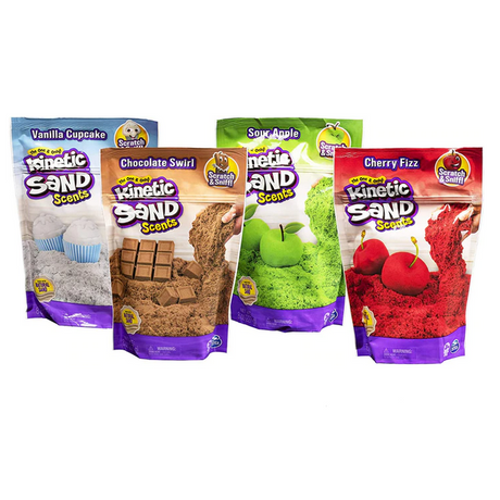 Kinetic Sand Scented 8oz bags in Cherry Fizz, Sour Apple, Vanilla Cupcake, and Chocolate Swirl scents.
