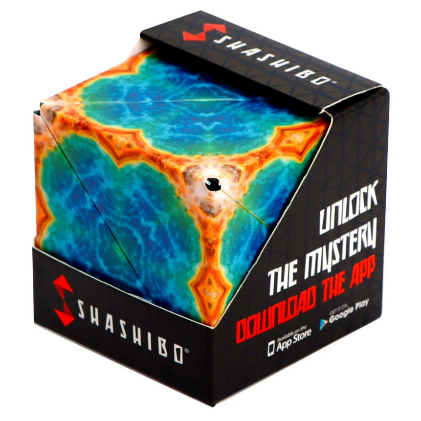 Shashibo | Earth magnetic puzzle cube with vibrant blue and orange design in original packaging for shape shifting fun.