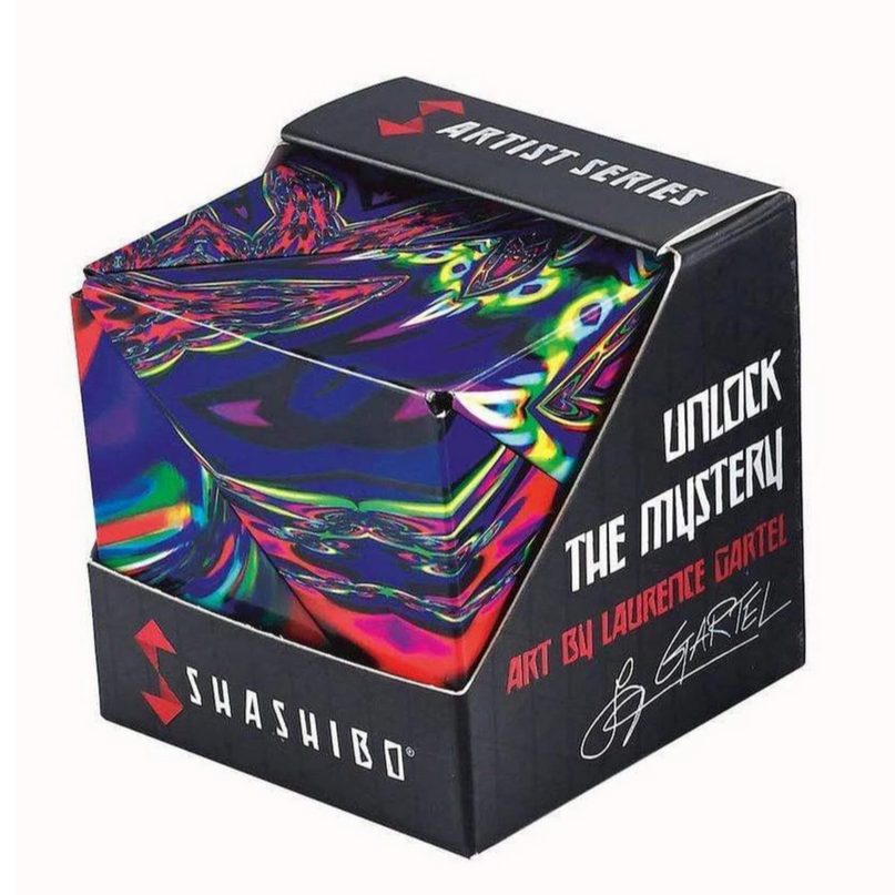 Shashibo | Chaos magnetic puzzle cube with colorful art design in black packaging from the Artist Series by Laurence Gartel