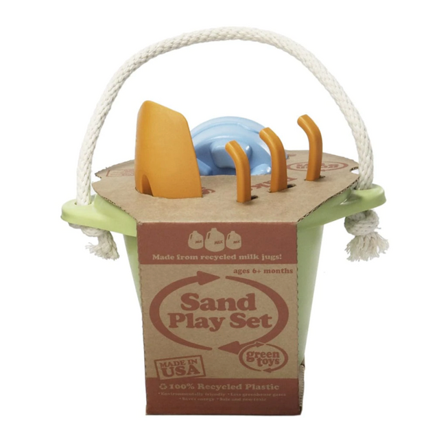 Sand Play Set with bucket, shovel, rake, and sand castle mold made from 100% recycled plastic.