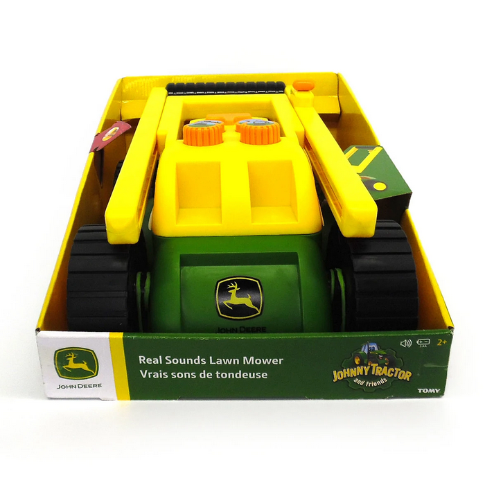 John Deere Lawn Mower toy for kids with real sounds, spinning blade, and interactive features in green and yellow colors.