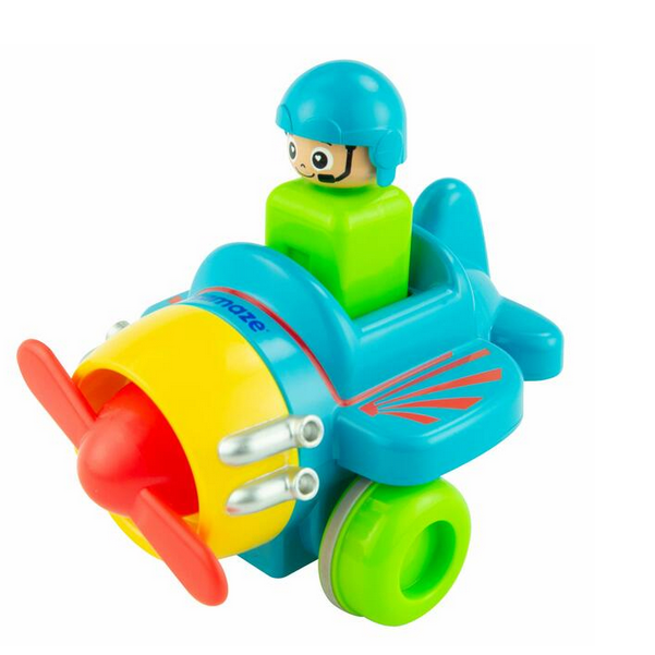 Brightly colored Lamaze Press & Go Airplane toy with pilot figure, designed for push-and-go play to develop motor skills.