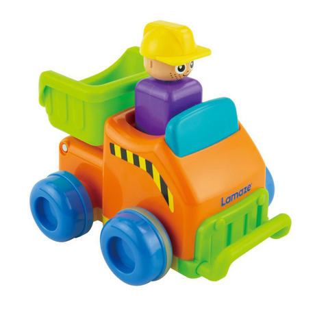 Brightly colored Lamaze Press & Go Dump Truck toy with easy-roll wheels and a removable driver figure for baby play.