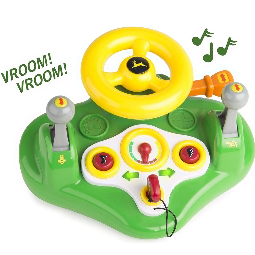 John Deere Busy Driver toy with interactive steering wheel and buttons for children aged 1 and up.
