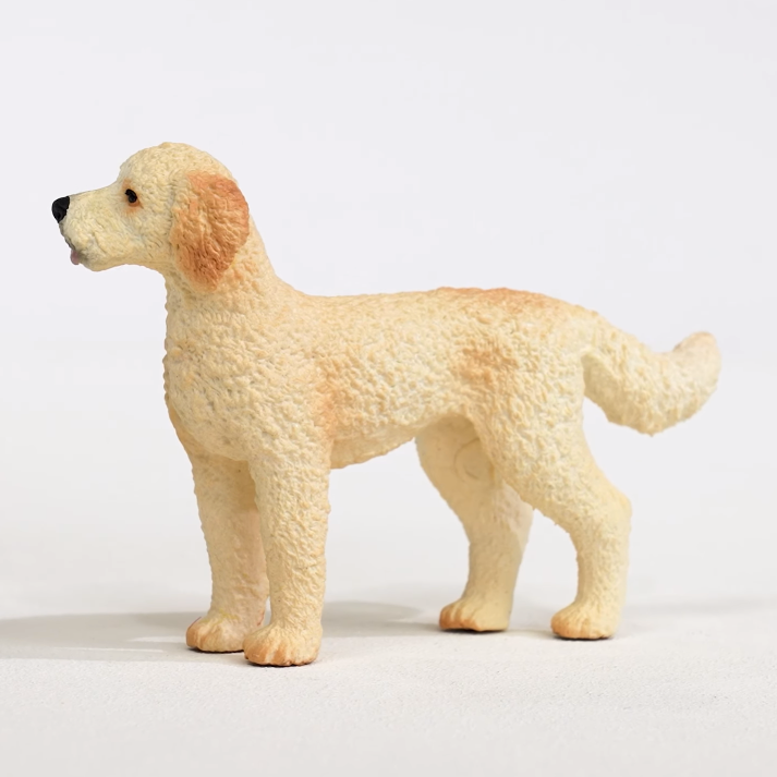Goldendoodle figurine with curly fur texture, standing pose, detailed for kids ages 3 and up toy collection.