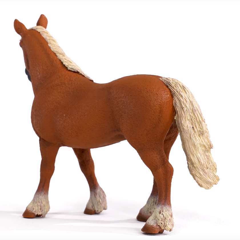 Belgian Draft Horse toy figure with broad chest and blonde mane standing on white background for kids.