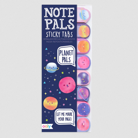 Note Pals Planet sticky tabs featuring colorful planets in pink, purple, and yellow for organizing books and notebooks.