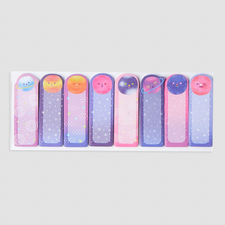 Note Pals Planet sticky note tabs with cute planets in pink, purple, and yellow for space-themed organization.