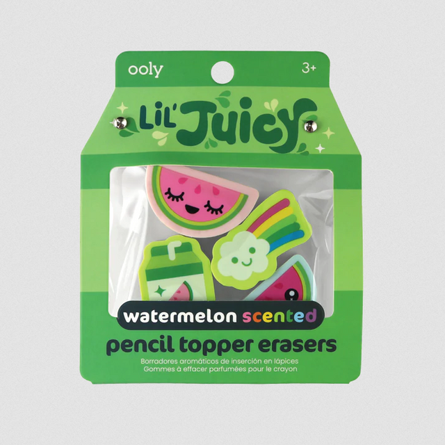 Lil Juicy Watermelon Scented Erasers pack with four fruit and cloud shaped pencil toppers in green packaging.