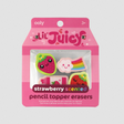 Lil Juicy Strawberry Scented Erasers pack with juice box design and four fun fruit and cloud pencil toppers.