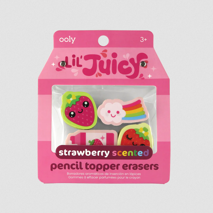 Lil Juicy Strawberry Scented Erasers pack with juice box design and four fun fruit and cloud pencil toppers.