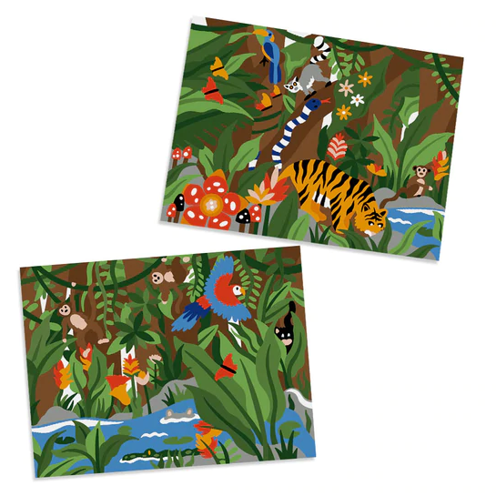Paint By Number Jungle with two vibrant animal and plant canvases for kids beginner painters 7+ creating colorful jungle scenes.