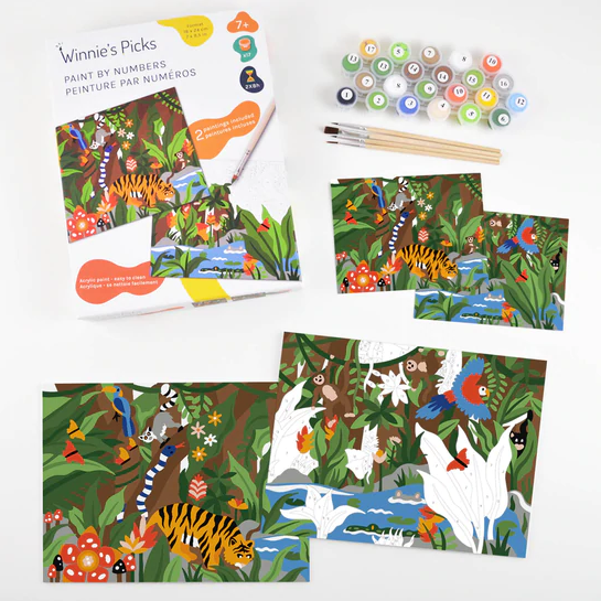 Paint By Number Jungle kit with two numbered canvases, 17 paint pots, brushes, and colorful jungle illustrations.