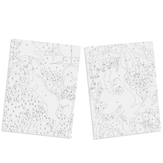 Paint By Number Husky & Unicorn set showing two numbered canvases with detailed outlines of a unicorn and a husky.