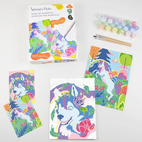 Paint By Number Husky & Unicorn kit with 2 canvases, 15 acrylic paints, 4 brushes, and postcard prints for kids.