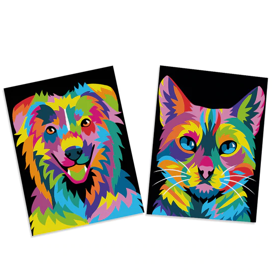 Paint By Number Cat & Dog showing colorful completed cat and dog paintings with vibrant abstract patterns.