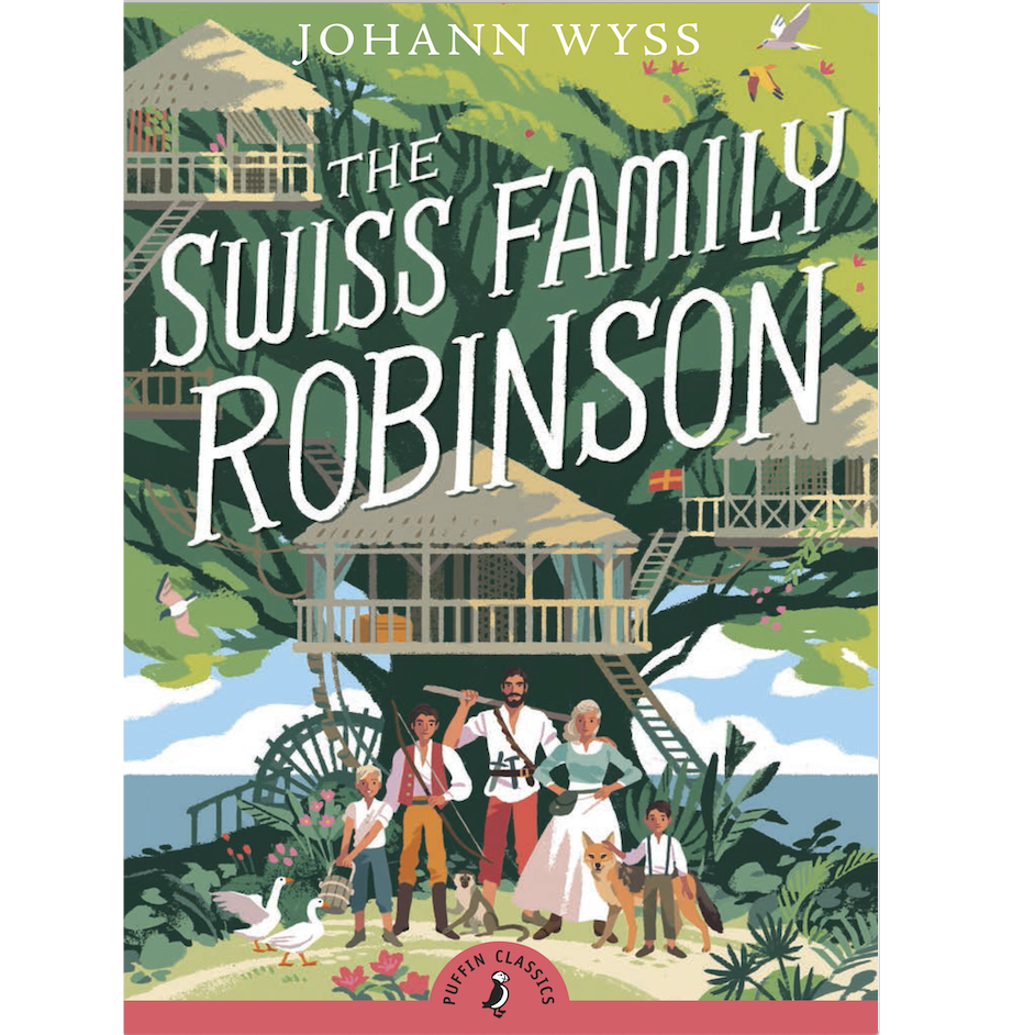 The Swiss Family Robinson book cover showing the family and tropical island treehouse adventure.