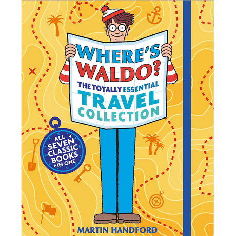 Where's Waldo Travel Collection book cover featuring Waldo holding a map with travel-themed background design.