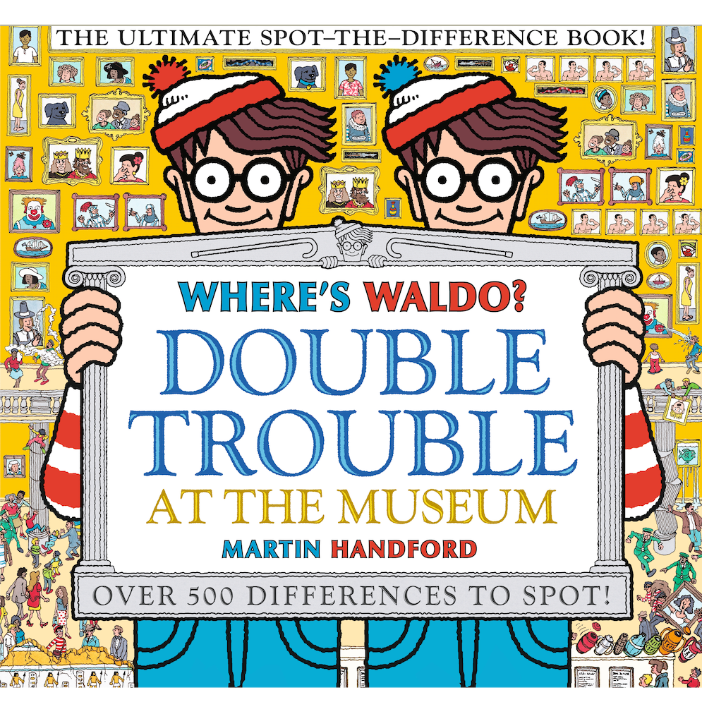 Where's Waldo Double Trouble book cover showing two Waldos holding a museum-themed spot-the-difference challenge.