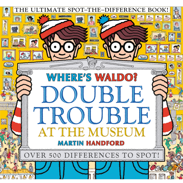 Where's Waldo Double Trouble book cover showing two Waldos holding a museum-themed spot-the-difference challenge.