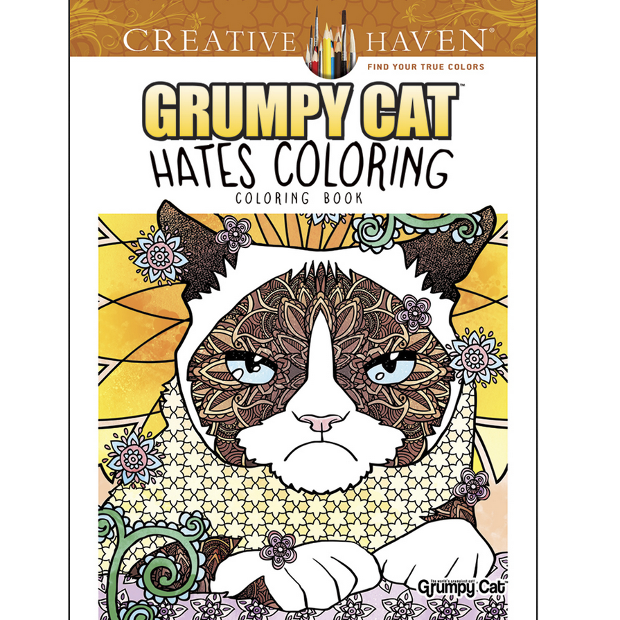 Grumpy Cat Hates Color Coloring Book cover features intricate, detailed artwork of the iconic grumpy feline for advanced colorists.