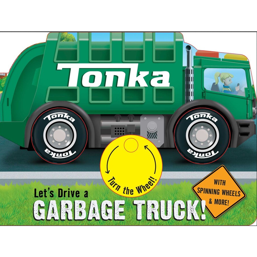 Let's Drive a Garbage Truck board book featuring a green Tonka garbage truck with spinning wheels and interactive elements.