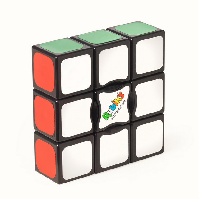Rubiks Edge puzzle cube showing red, white, and green stickers on a 3x3x1 single layer cube.