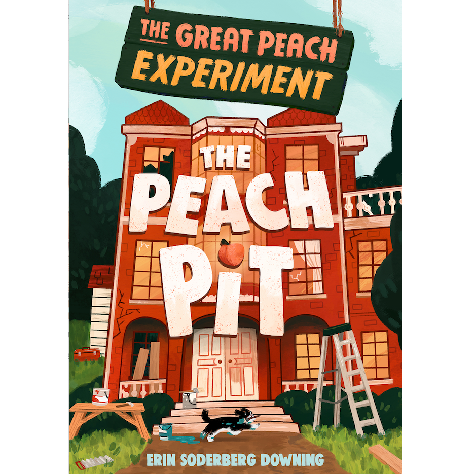 The Great Peach Experiment: Peach Pit book cover showing a large brick house under renovation with tools and a black cat.
