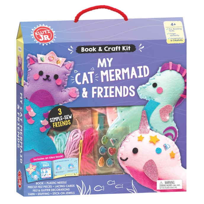 Jr My Cat Mermaid & Friends sewing kit with felt sea creatures, lacing cards, and colorful craft supplies for kids.