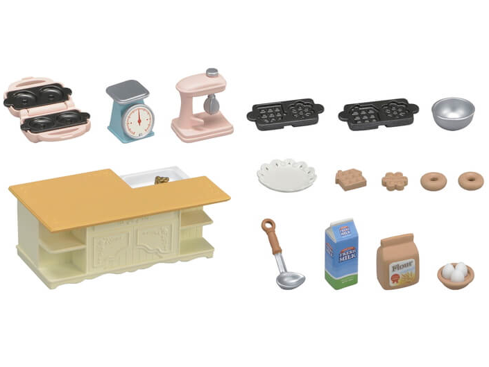 Kitchen Island with sink, mixer, measuring scale, waffle and doughnut maker, molds, and kitchen accessories set for kids.