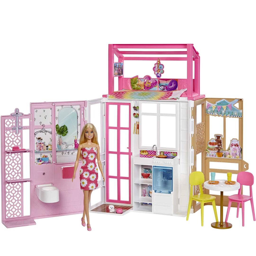 Barbie House and Doll featuring modern two-story playhouse with furniture, Barbie doll, pet puppy, and dining set.
