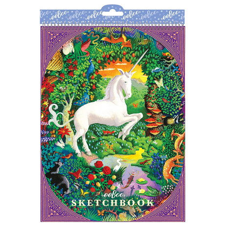 Unicorn Sketchbook with colorful unicorn illustration surrounded by vibrant forest animals and plants on the cover.
